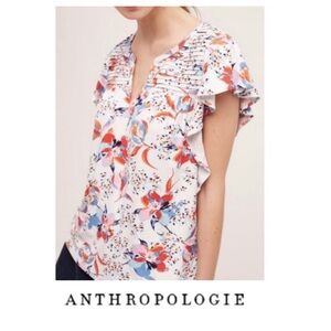 Anthropologie Meadow Rue Vibrant Floral Ruffle Blouse - Red and Blue